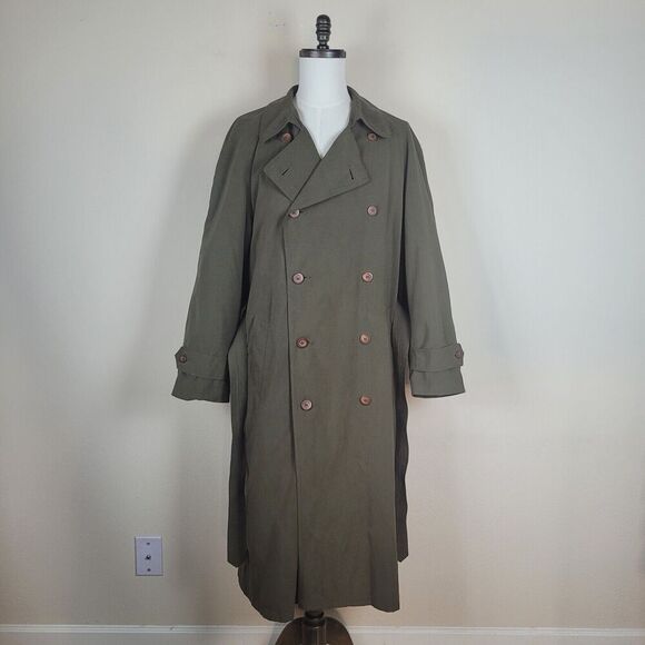 Vintage Perusal Coat Mens 44 Long Green Trench Double Breasted Belted Classic - Picture 4 of 10